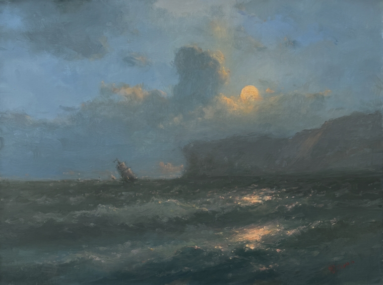 Moonlight, Seascape Original oil Painting, One of a Kind                    